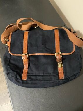 Fossil Black Canvas Messenger Bag with Brown Leather Trim *Selling As Is